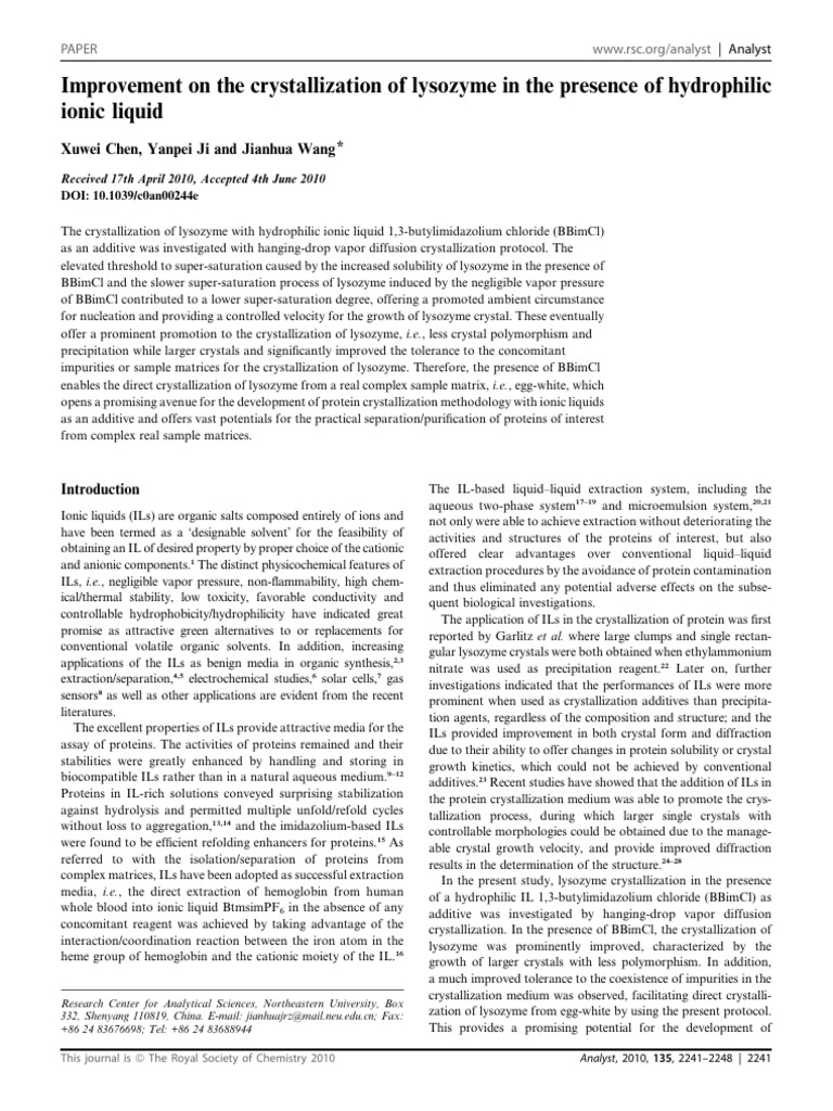 Enhanced Lysozyme Crystallization with Ionic Liquid | PDF ...