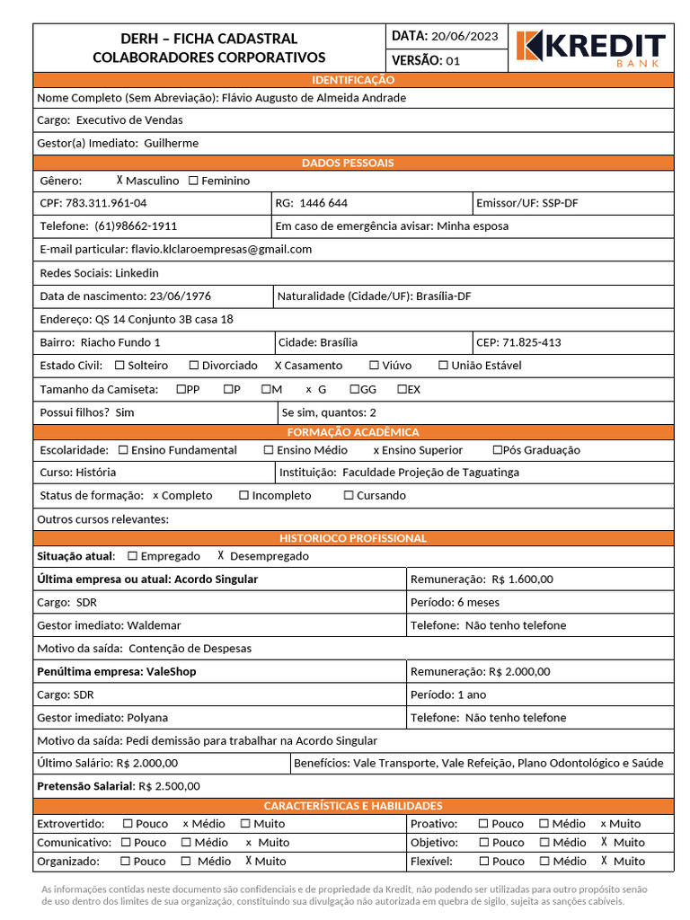 Ficha Cadastral De Colaborador Kredit PDF