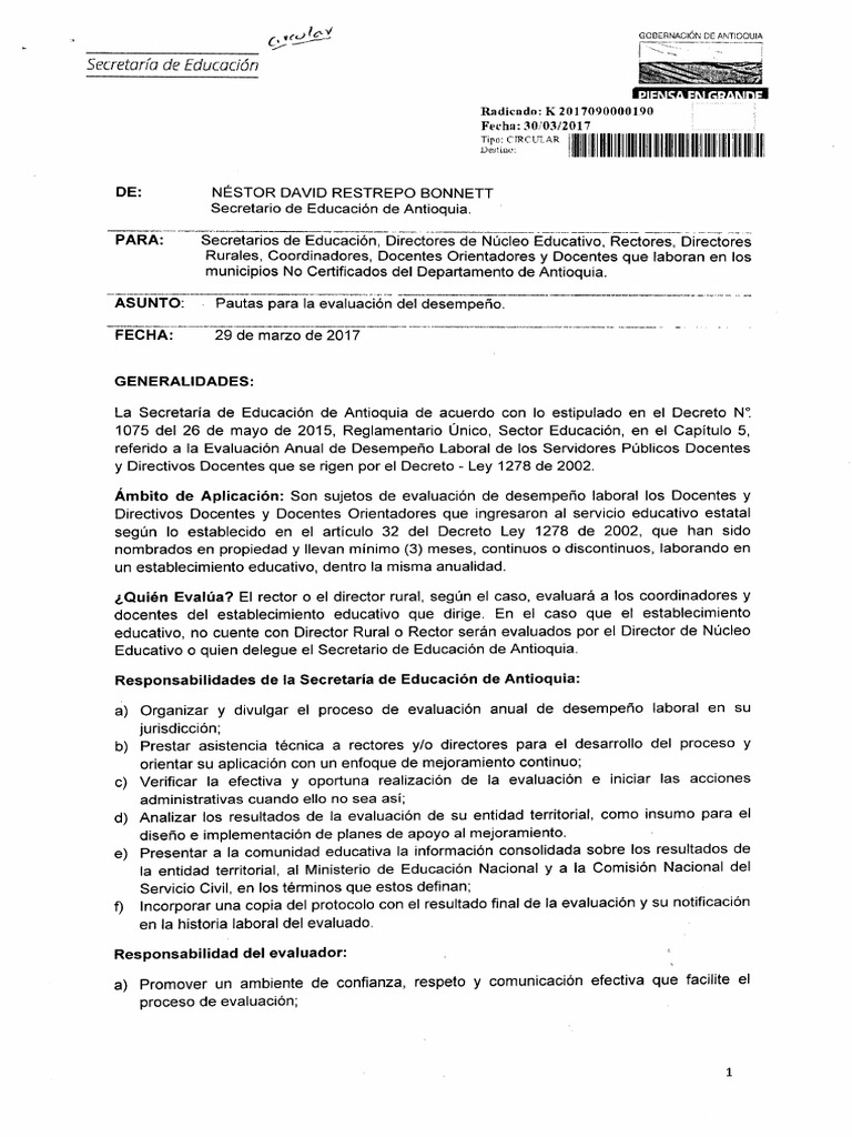 Circular 000190 de 2017 - Pautas para La Evaluacin Del Desempeo | PDF