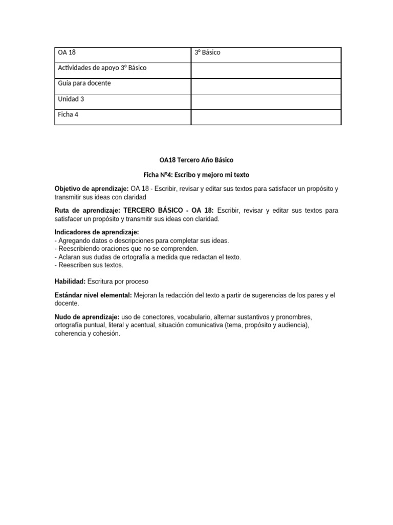 3 - Básico Leng - OA 18 Ficha 4 - Docente | PDF | Aprendizaje