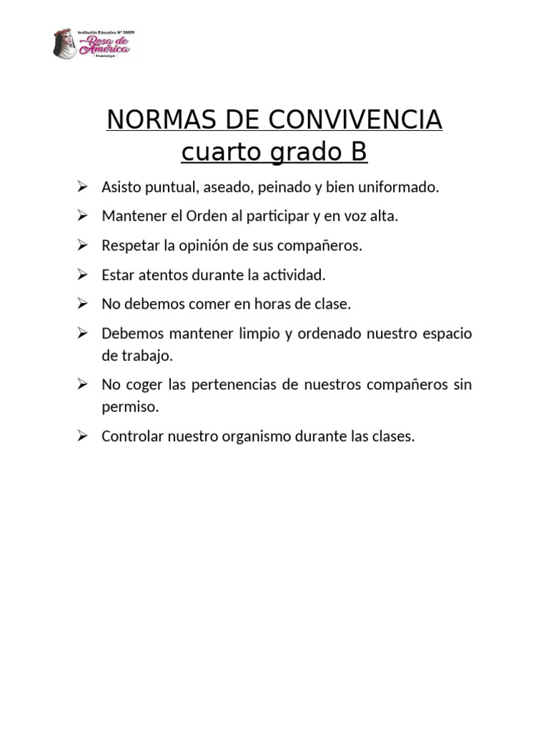 Normas de Convivencia para Cuarto Grado | PDF