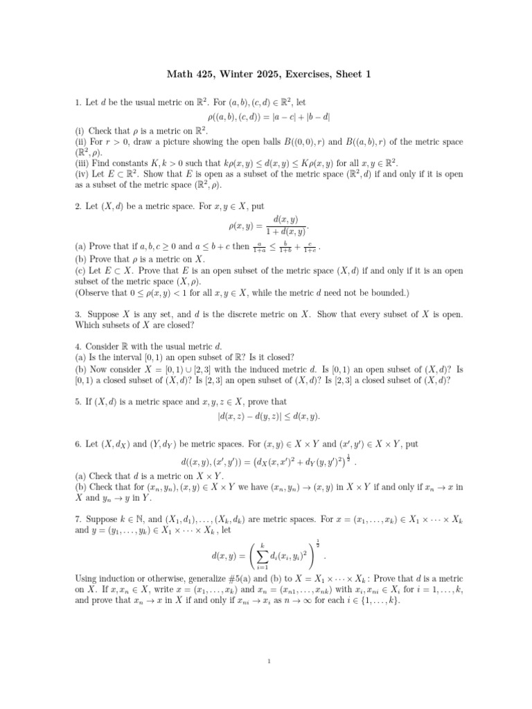 Math 425 Winter 2025 Exercise Sheet 1 | PDF | Geometry | Topology