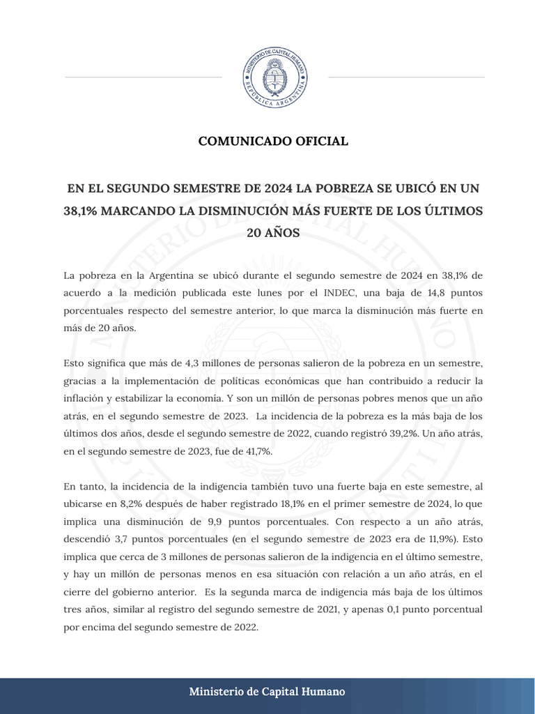 En El Segundo Semestre de 2024 La Pobreza Se Ubicó en Un 38,1% Marcando ...