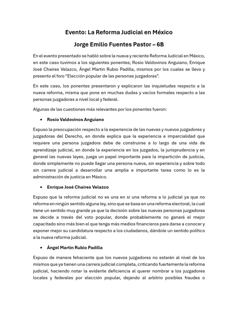 Evento La Reforma Judicial en México, Fuentes Pastor Jorge Emilio | PDF ...