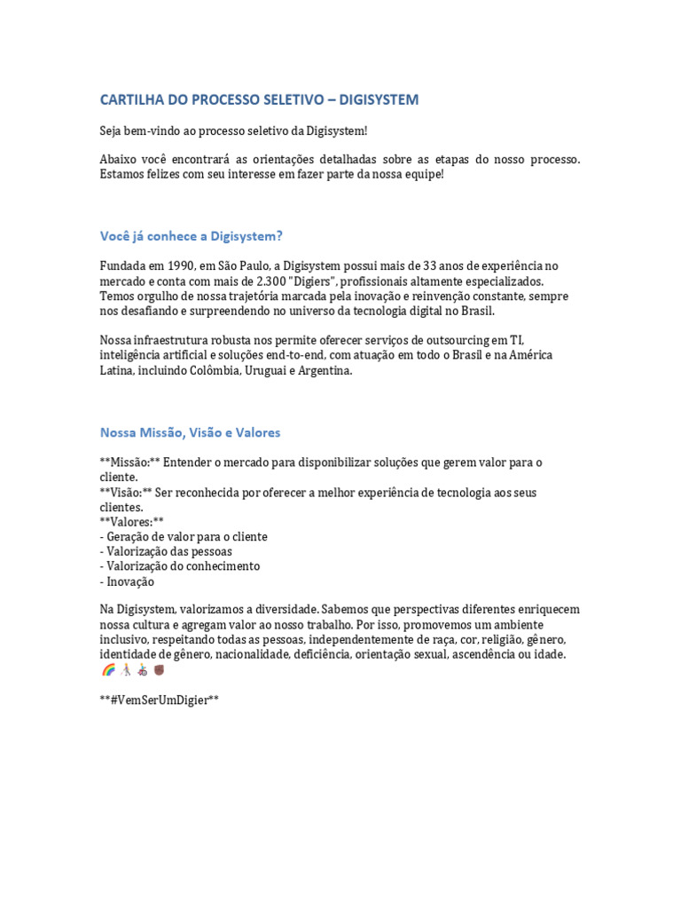 Guia do Processo Seletivo Digisystem | PDF