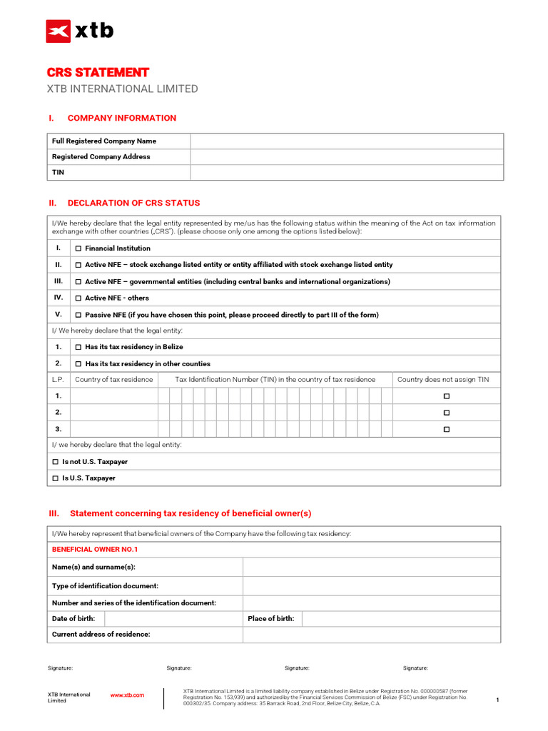 XTB International Limited CRS Declaration | PDF | Government Finances ...