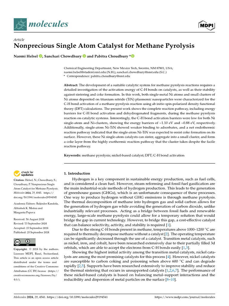 Nonprecious Single Atom Catalyst For Methane Pyrolysis - 2024 ...
