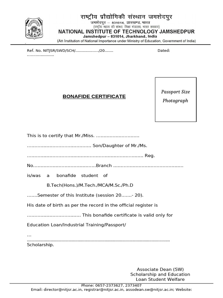 NIT JSR Bonafide Certificate Without Fees | PDF