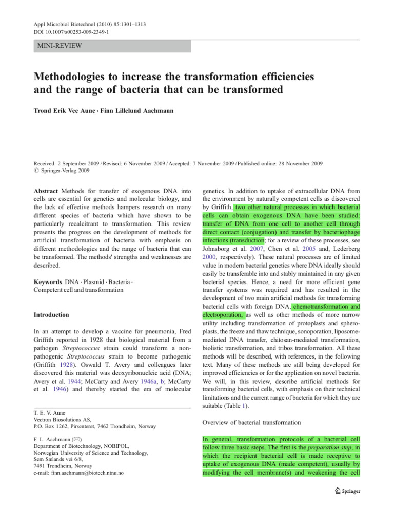 Bacterial Transformation Methodologies | PDF | Biotechnology ...