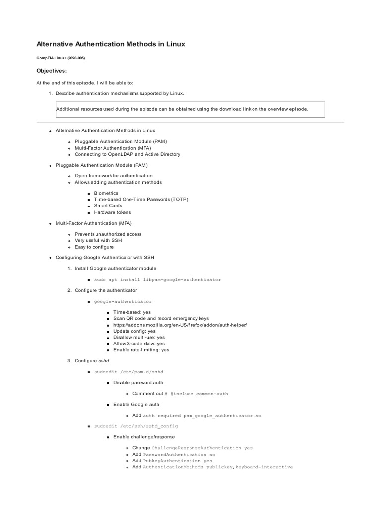 Linux Alternative Authentication Methods | PDF | Secure Shell | Sudo