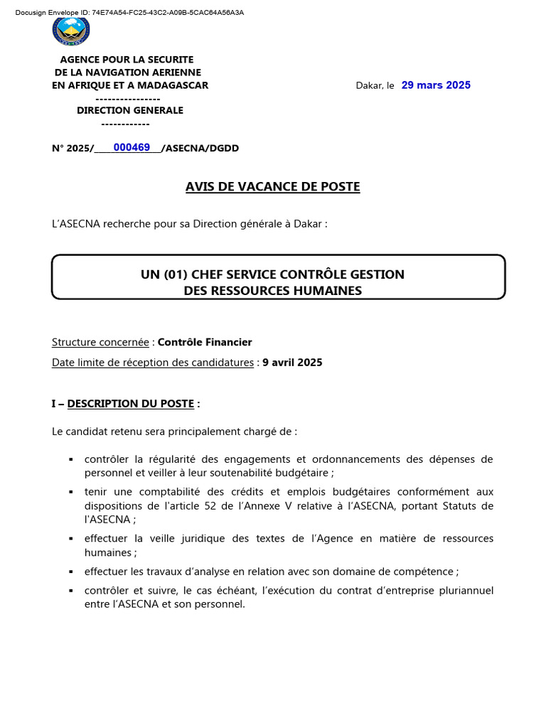 Chef Service Contrôle Gestion ASECNA | PDF