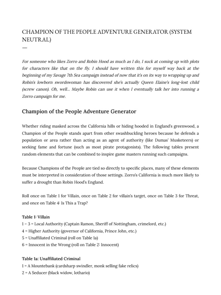 Adventure Generator for Swashbuckling Heroes | PDF