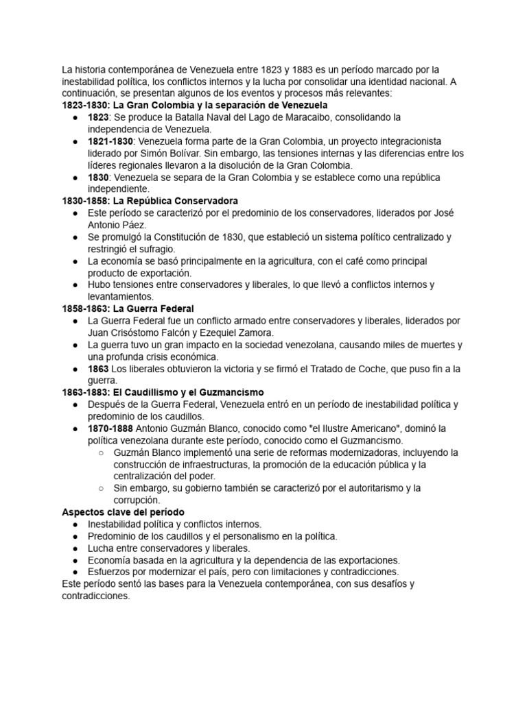Historia de Venezuela: 1823-1883 | PDF | Venezuela | Colombia