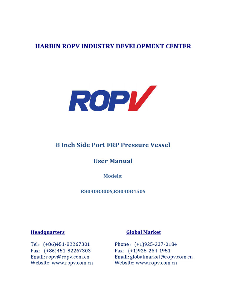 ROPV 8 Inch FRP Pressure Vessel Manual | PDF | Membrane | Screw
