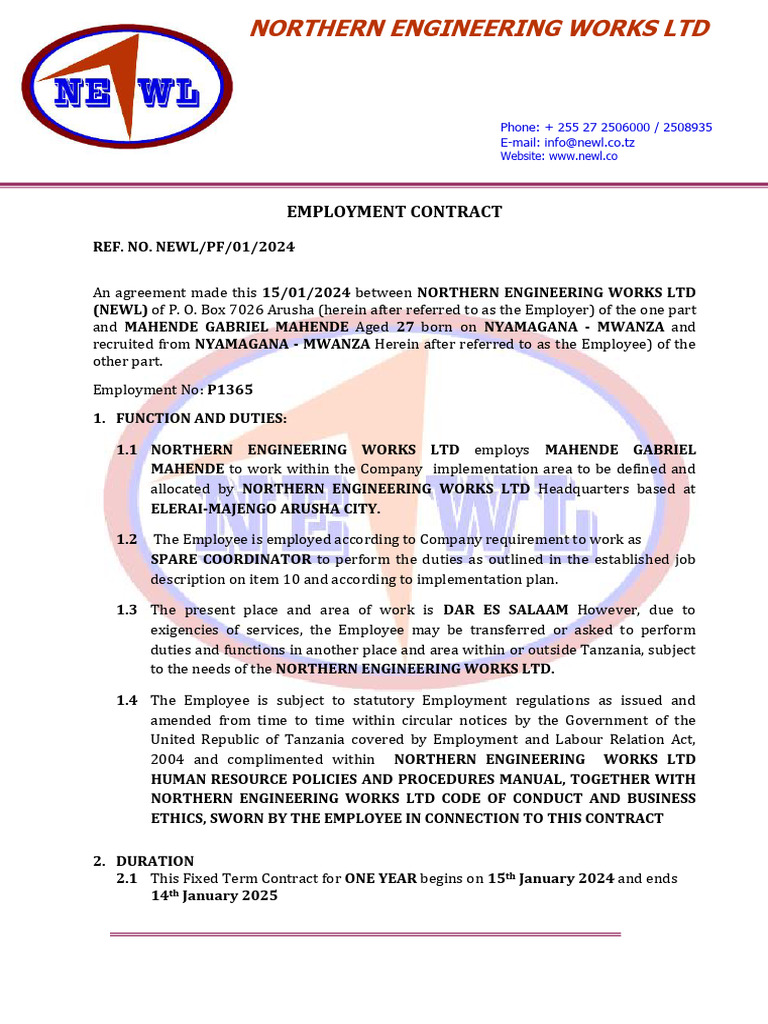 Employment Contract for Spare Coordinator | PDF | Employment | Private Law