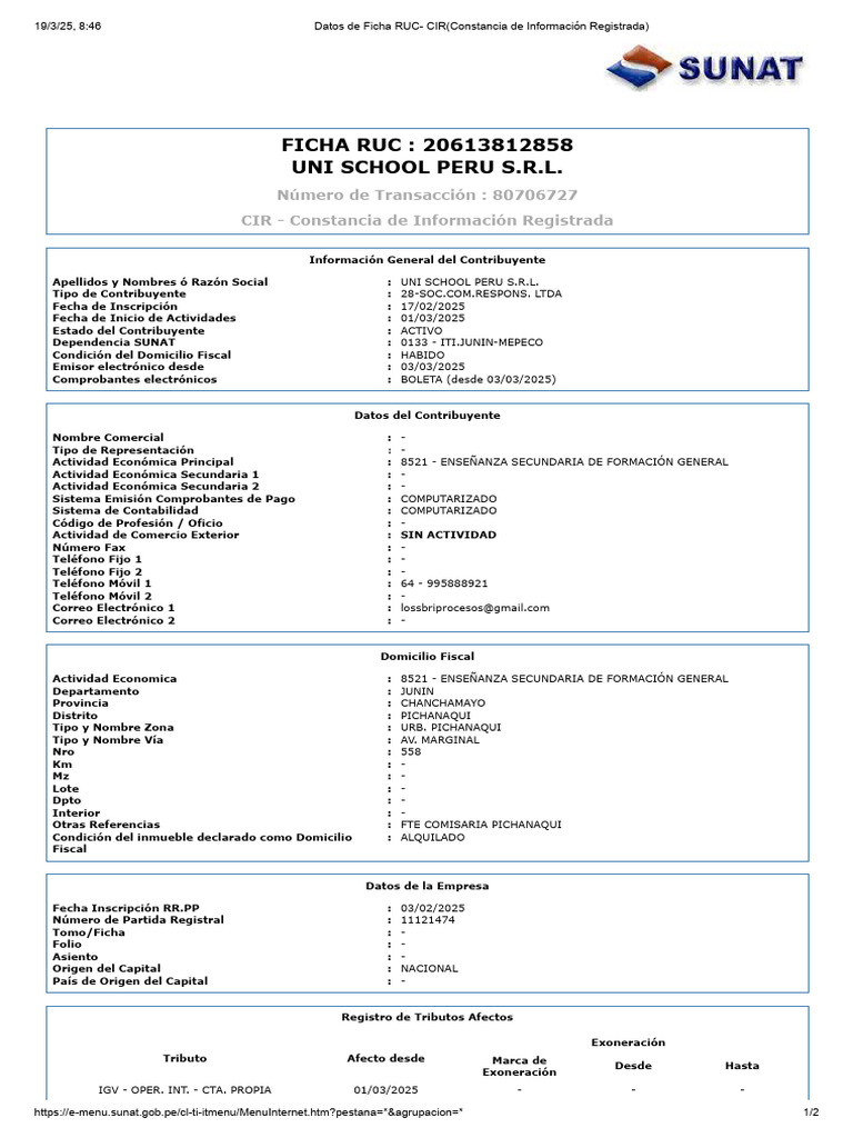 Ficha Ruc Uni | PDF