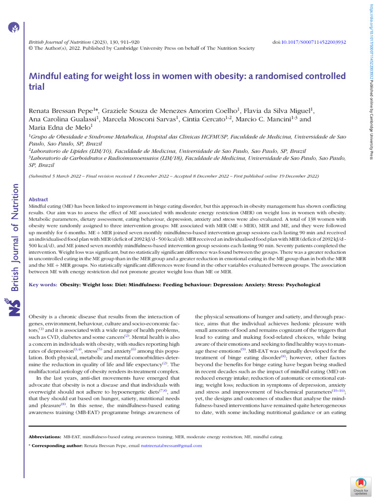 Mindful Eating For Weight Loss in Women Withfb Obesity A Randomised ...