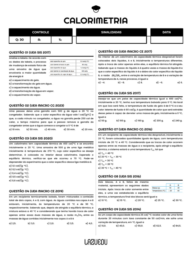 Exercícios de Calorimetria ENEM | PDF | Calor | Calorimetria