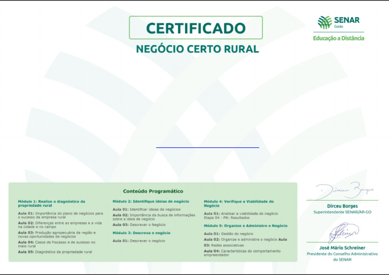 Certificado SENAR Goiás - Negócio Certo Rural | PDF