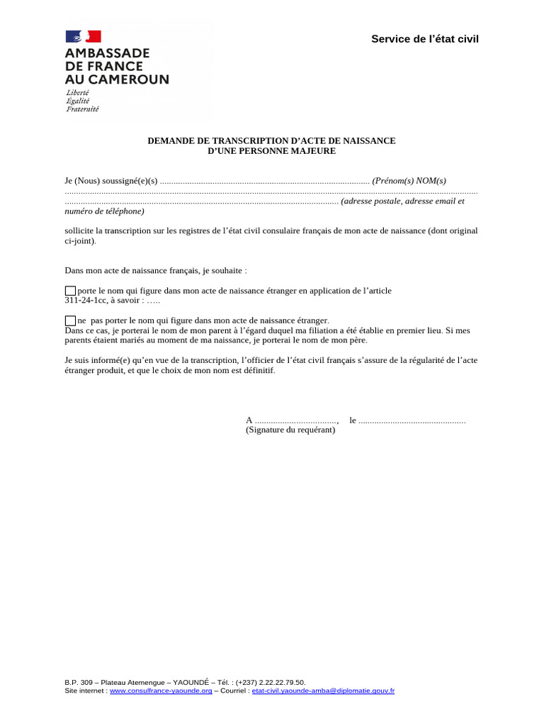 Demande de transcription d'acte de naissance | PDF | Certificat de ...