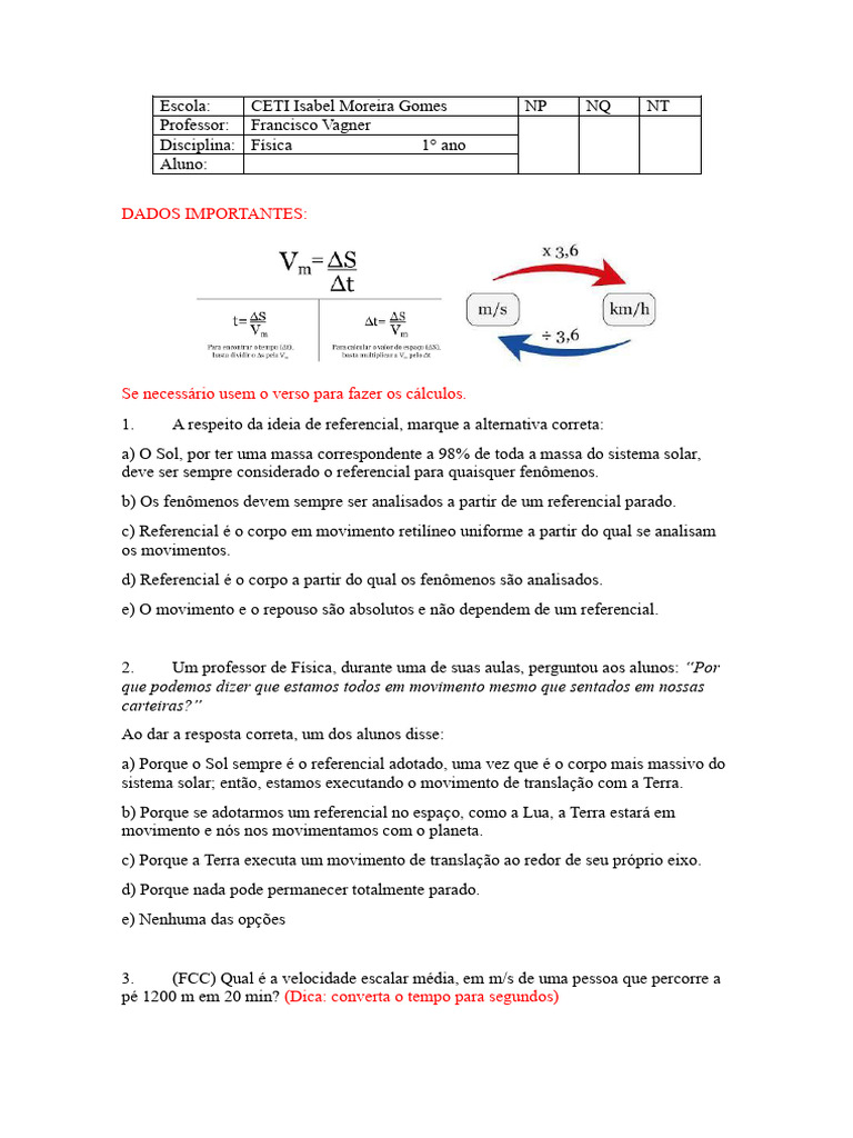 Questões de Física para 1° Ano | PDF | Velocidade | Tempo