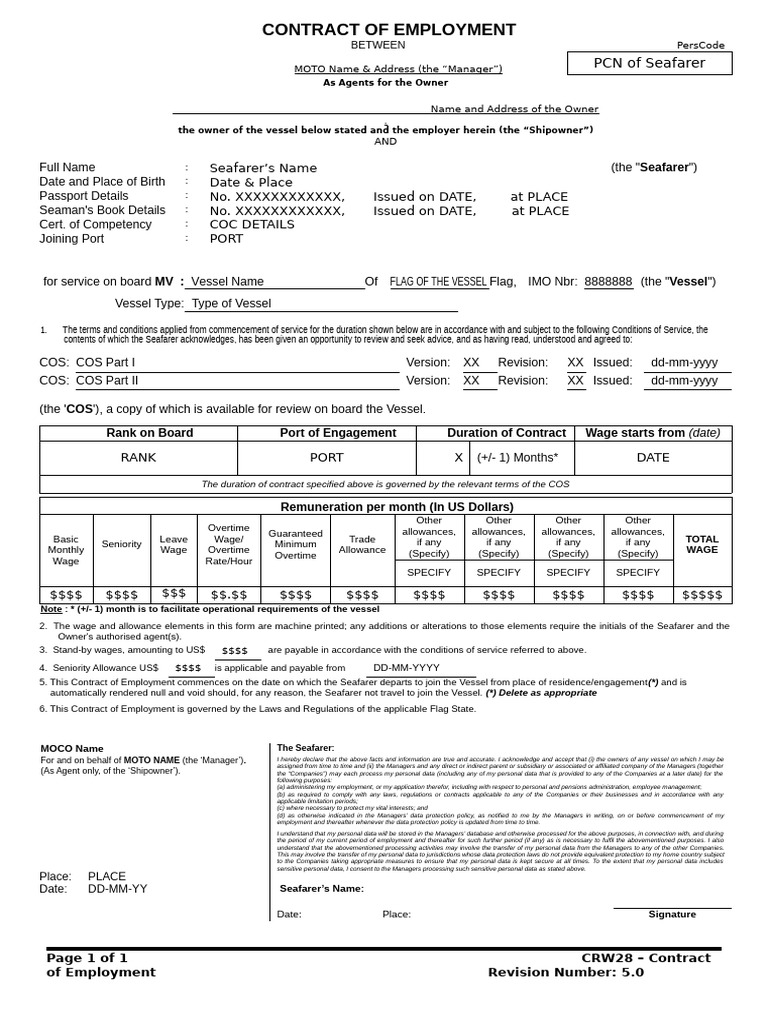 Seafarer Contract Employment Details | PDF | Overtime | Employment