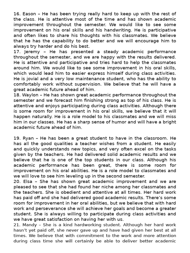S1 End of The Semester Comments 16-30 | PDF | Classroom | Teachers