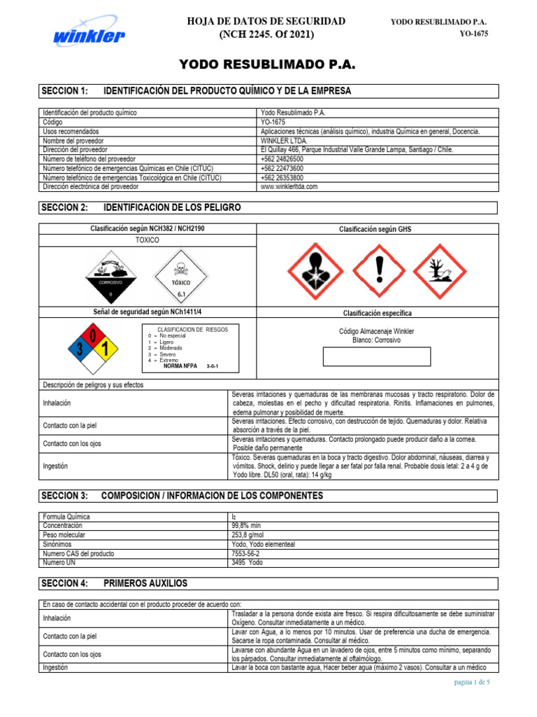 Hoja de Seguridad: Yodo Resublimado P.A. | PDF | Agua | Materiales