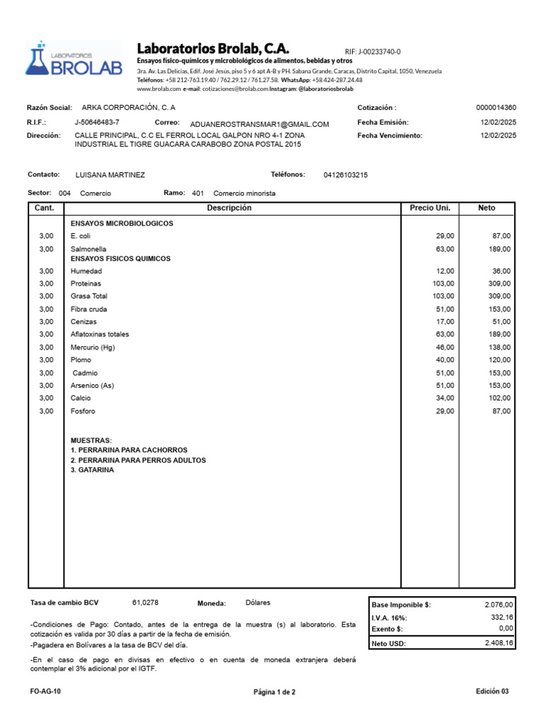 Cotización de Ensayos en Brolab | PDF