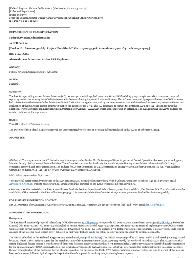 Airbus A350 Airworthiness Directive Update | PDF | Federal Aviation ...