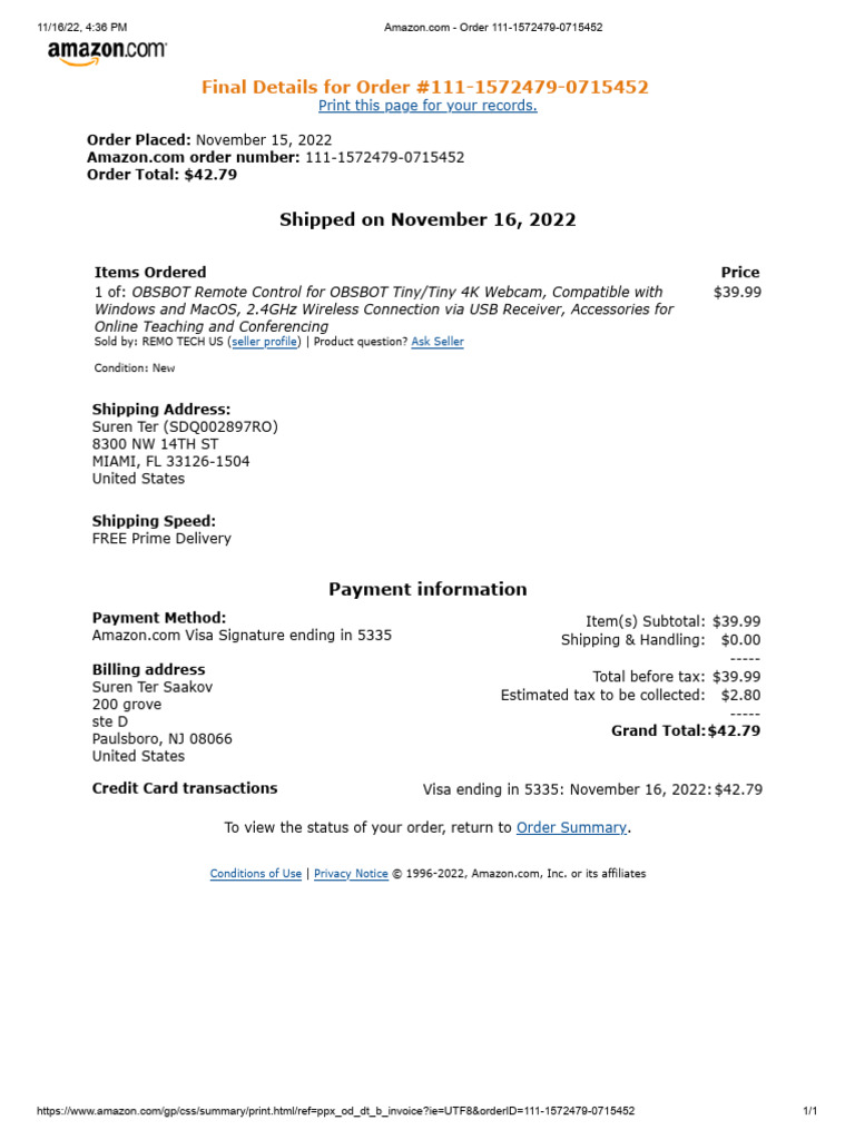 Amazon Order Summary for Webcam Accessory | PDF | Payments