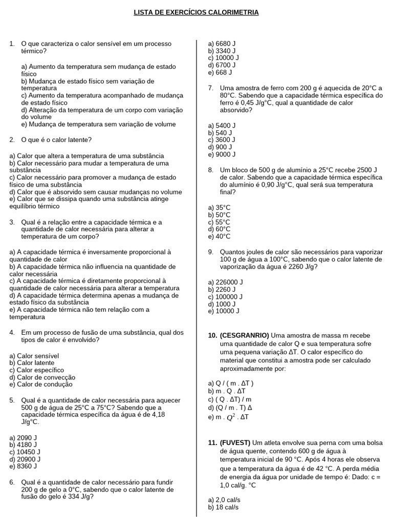 Exercícios de Calorimetria e Termodinâmica | PDF | Calor | Capacidade ...