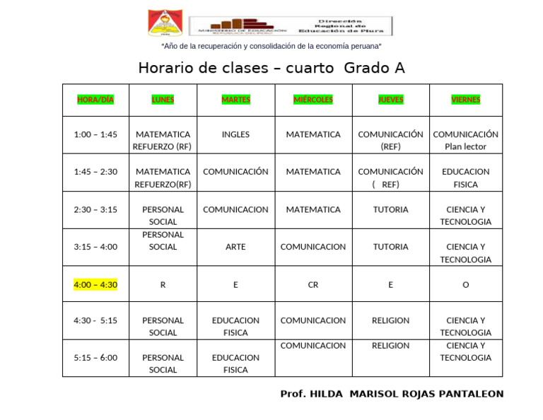 Horario Clases Cuarto Grado A 2025 | PDF