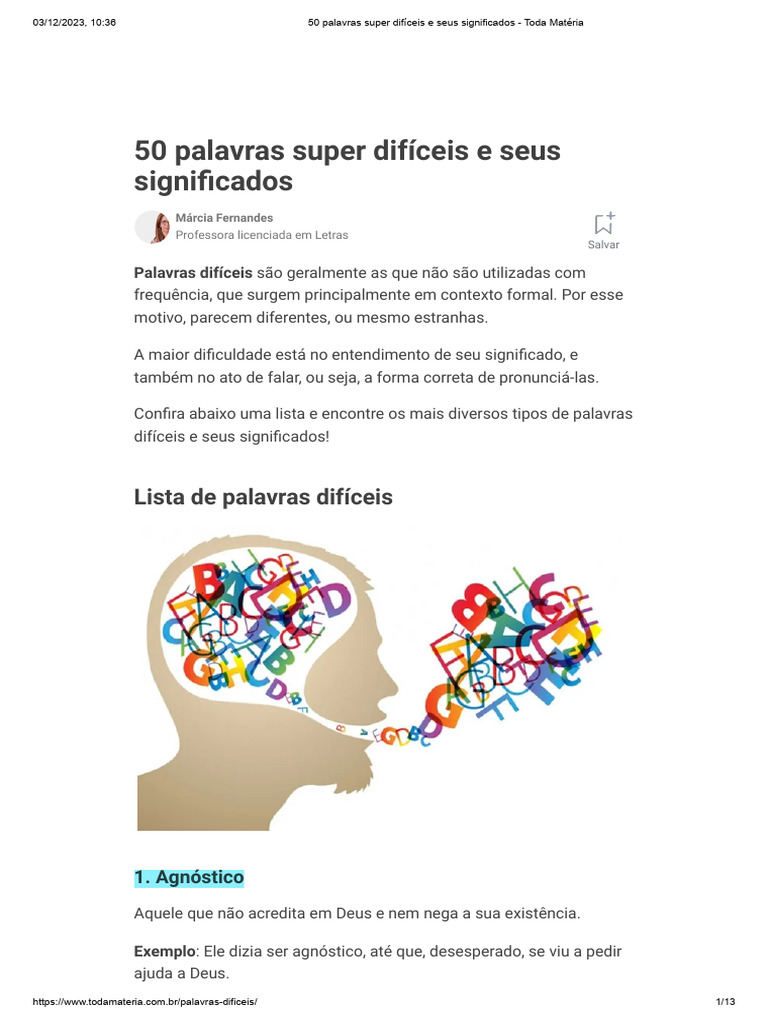 50 Palavras Super Difíceis e Seus Significados - Toda Matéria 10p | PDF ...