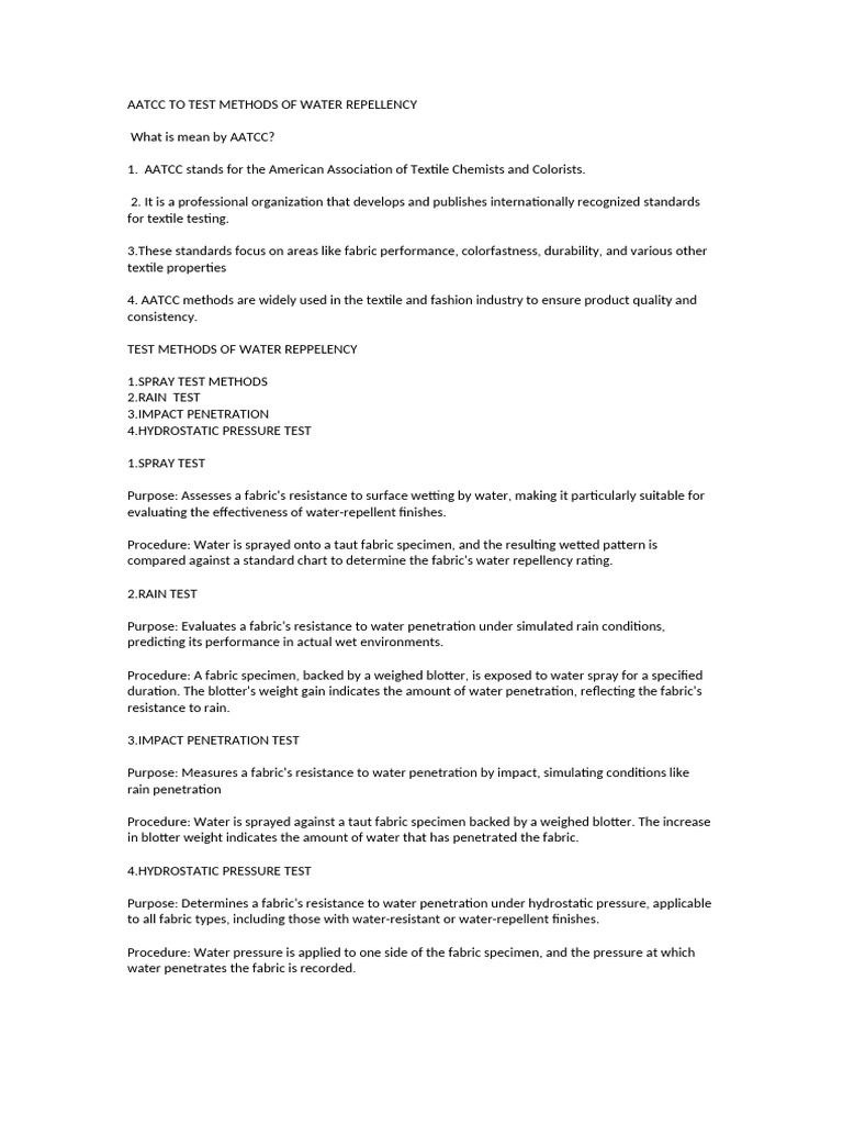 AATCC Water Repellency Test Methods | PDF
