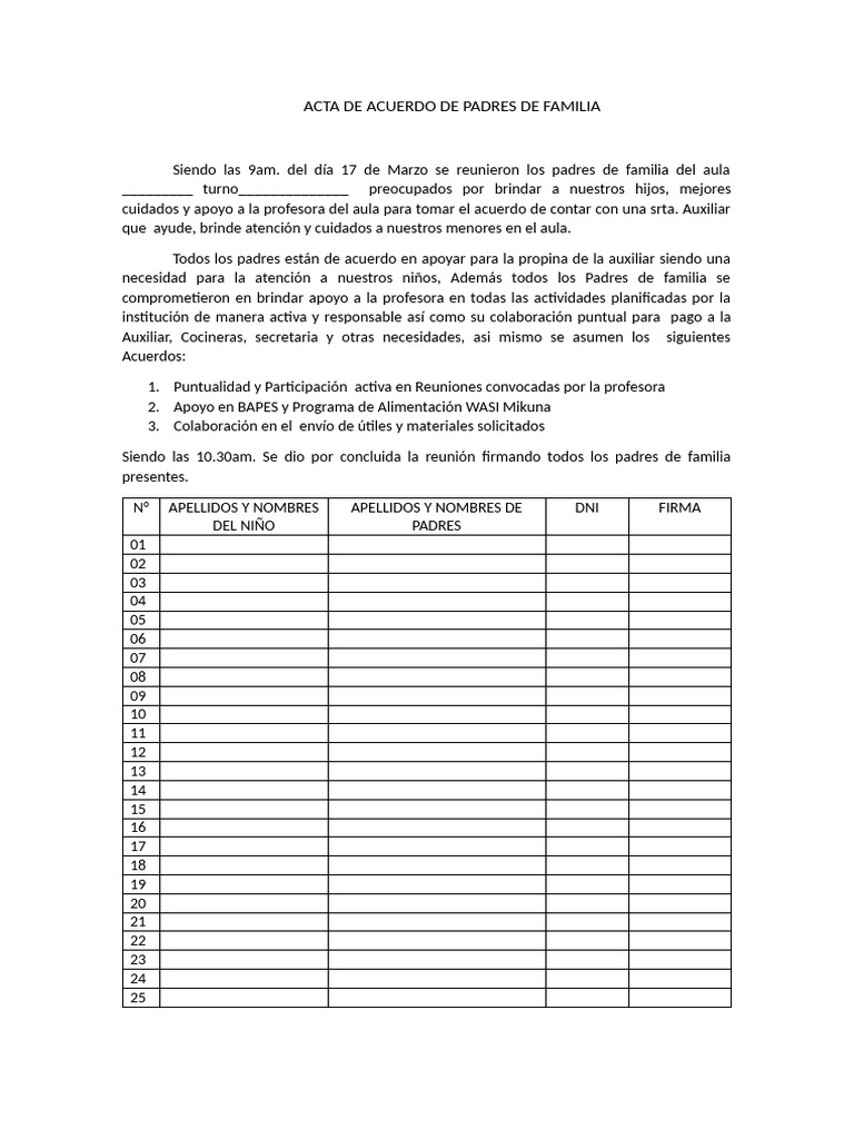 Acta de Acuerdo de Padres de Familia | PDF