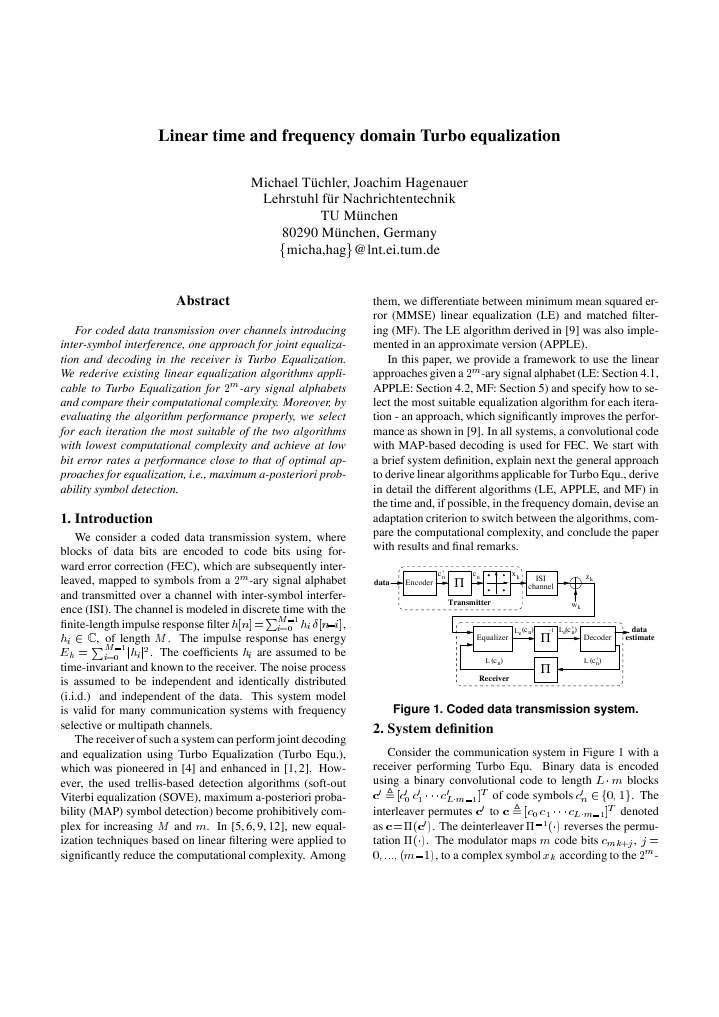 Linear Time and Frequency Domain Turbo Equalization | PDF | Teaching ...