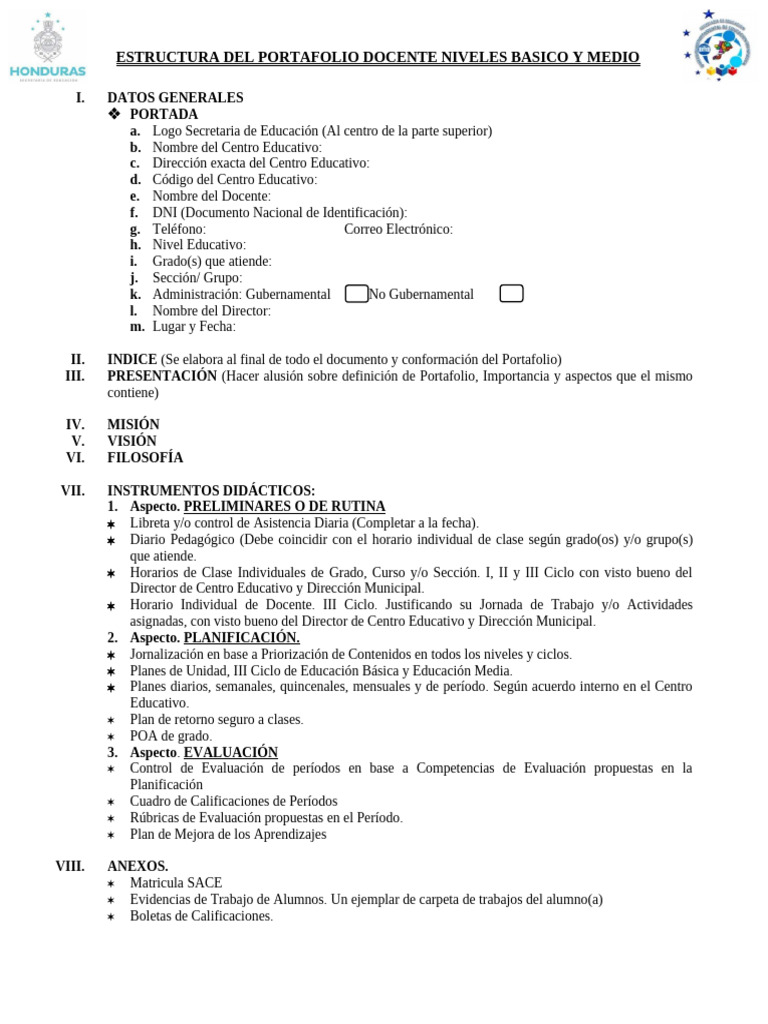 Estructura del Portafolio Docente Básico y Medio | PDF