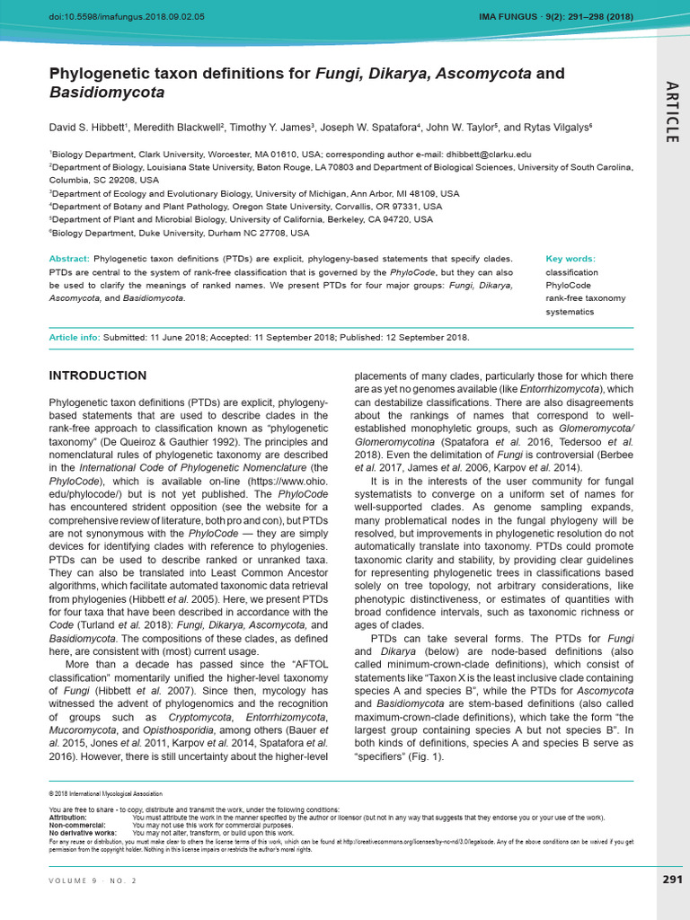 Hibbett Et Al. 2018 Phylogenetic Taxon Definitions For Fungi, Dikarya ...
