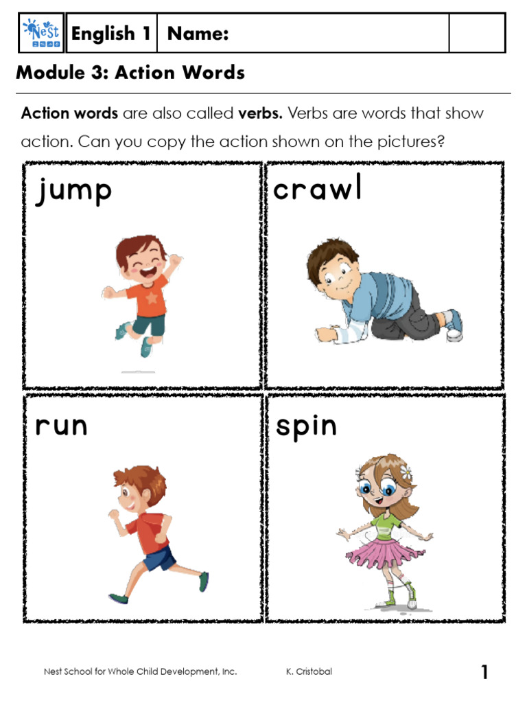 Jump Crawl: Name: English 1 Module 3: Action Words | PDF