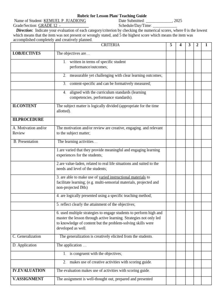 Rubric-for-Lesson-Plan | PDF | Lesson Plan | Learning