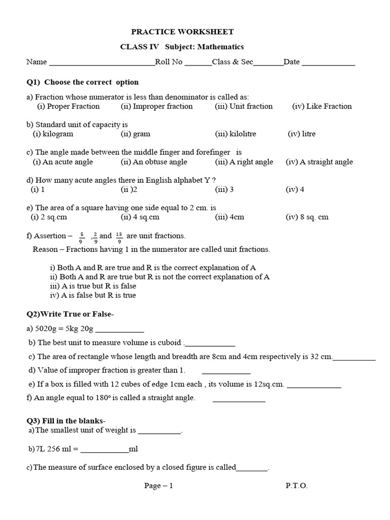 Class - 4 Maths Practice WS | PDF | Volume | Angle