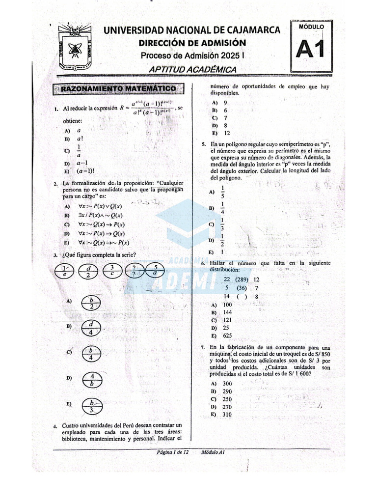 Examen de Admisión Unc 2025-I Módulo A1 | PDF