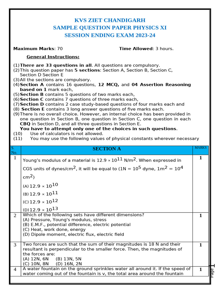 KVS Chandigarh Physics XI Sample Paper | PDF | Force | Gases