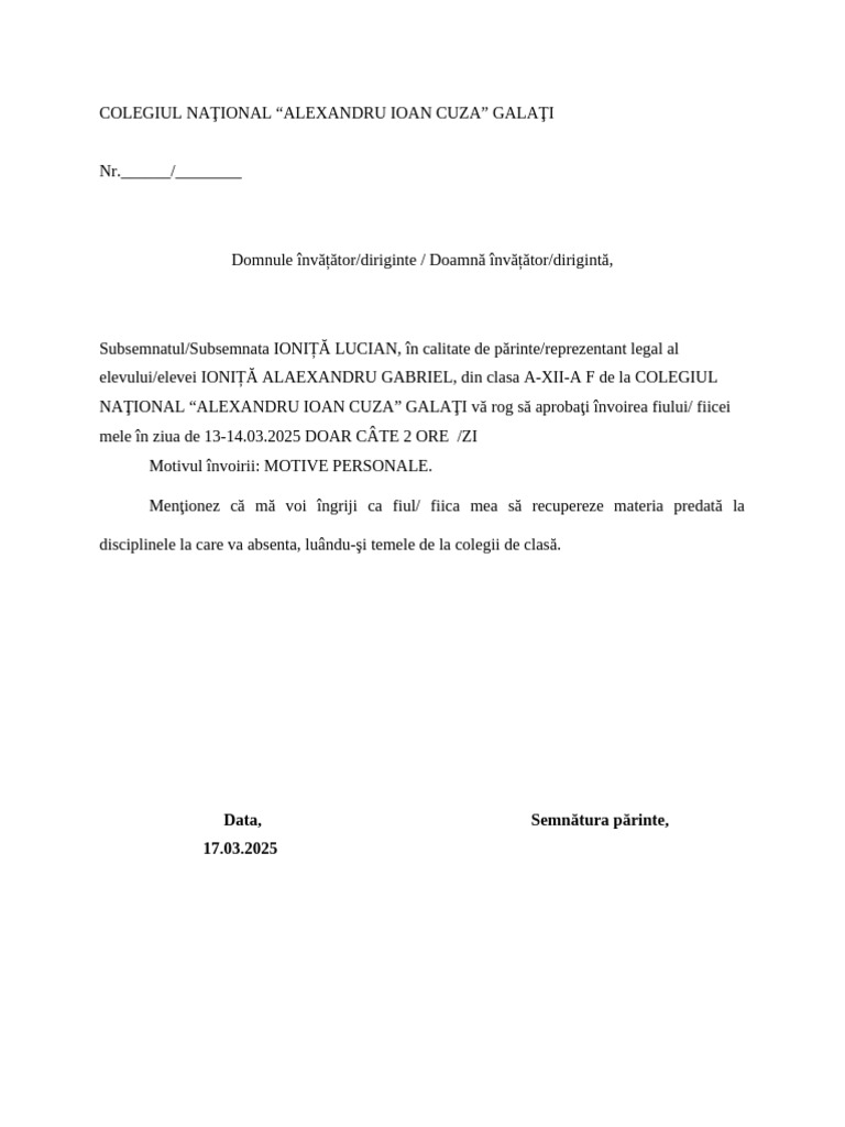 Cerere de Invoire Elev | PDF