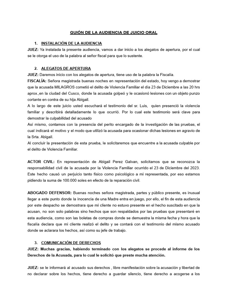 Guión de Juicio Oral por Violencia Familiar | PDF | Fiscal | Testigo