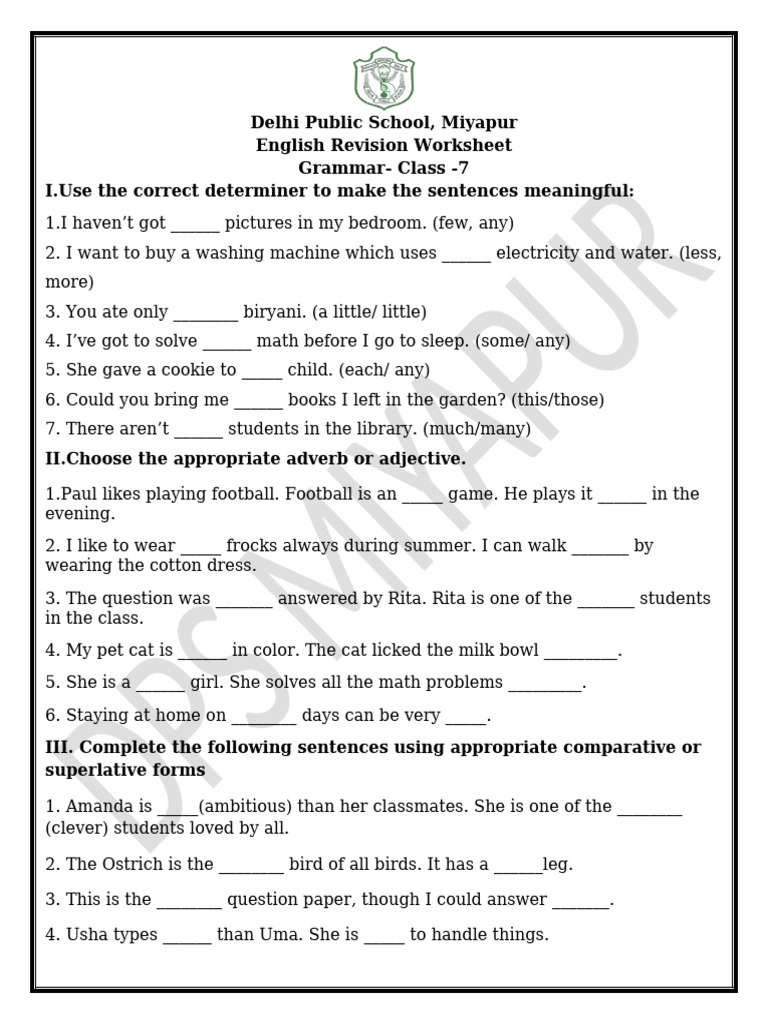 Class 7 English Grammar Revision Worksheet | PDF