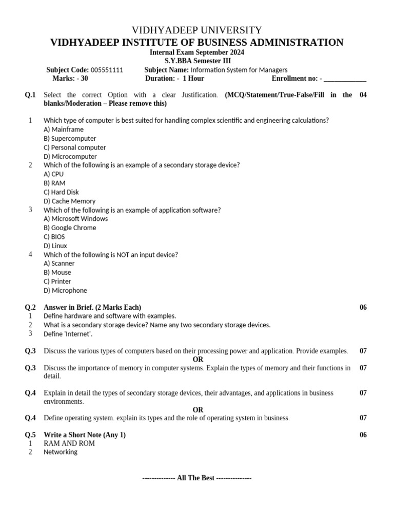 BBA Internal Exam: Info Systems 2024 | PDF