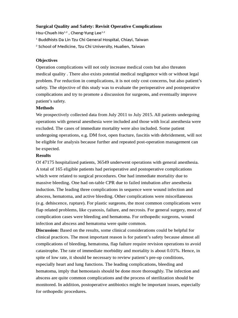Surgical Quality and Safety Revisit Operative Complications | PDF ...