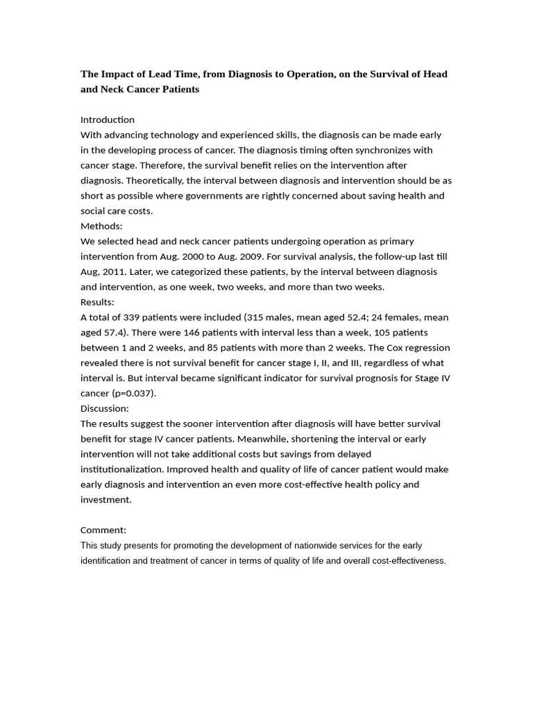 The Impact of Lead Time, From Diagnosis To Operation, On The Survival ...